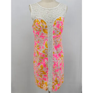 Lilly Pulitzer Sz 8 Pink White Lace Lined Back Zip Sleeveless Retro Dress